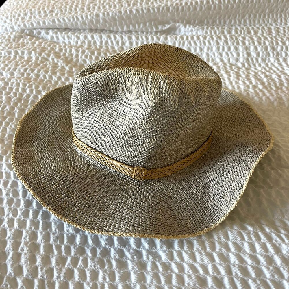 World Market Handwoven Straw 100% Paper Sun Grey Wide Brim Beach Cowboy Hat O/S - Picture 2 of 7